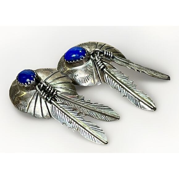 VTG Navajo Style Sterling Silver Feather Earrings w/ Blue Lapis Cabochon 9.6g - Picture 2 of 11